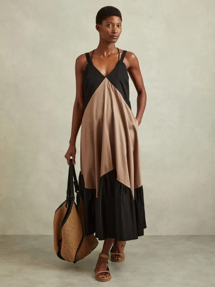 Women Reiss Dresses Natalie Cotton Colourblock Flounced Midi Dress Brownblack