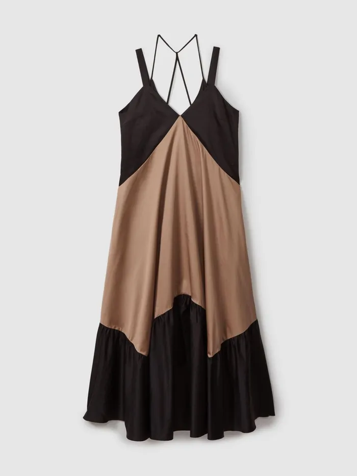 Women Reiss Dresses Natalie Cotton Colourblock Flounced Midi Dress Brownblack