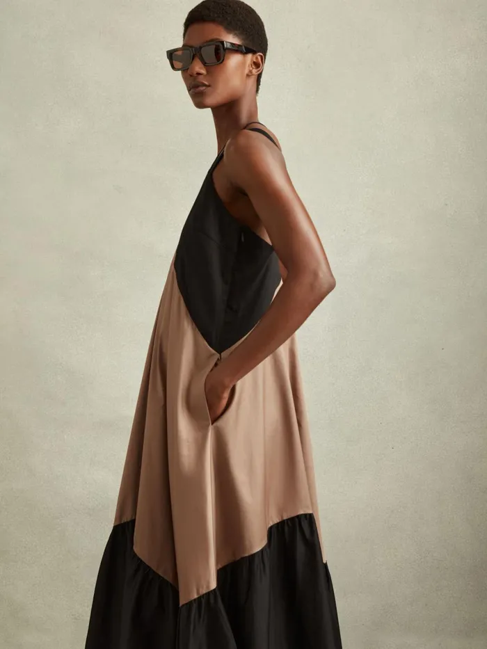 Women Reiss Dresses Natalie Cotton Colourblock Flounced Midi Dress Brownblack