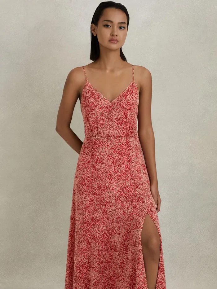 Women Reiss Dresses Olivia Printed Belted Midi Dress Red
