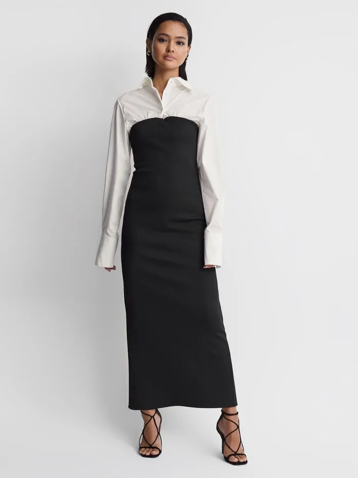 Women Reiss Dresses Quan Hybrid Shirt Jersey Maxi Dress Swan Black