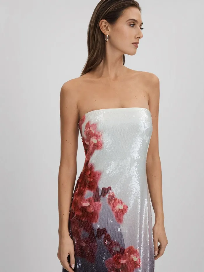 Women Reiss Dresses Sequin Strapless Maxi Dress Grey Multi