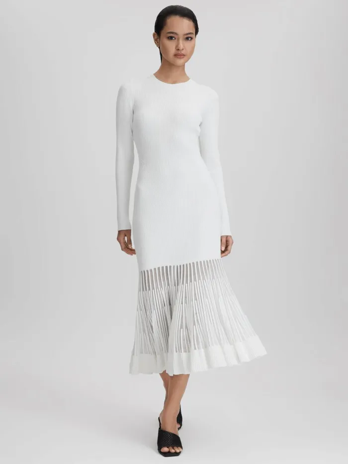 Women Reiss Dresses Tasmin Knitted Sheer Flared Midi Dress Cream