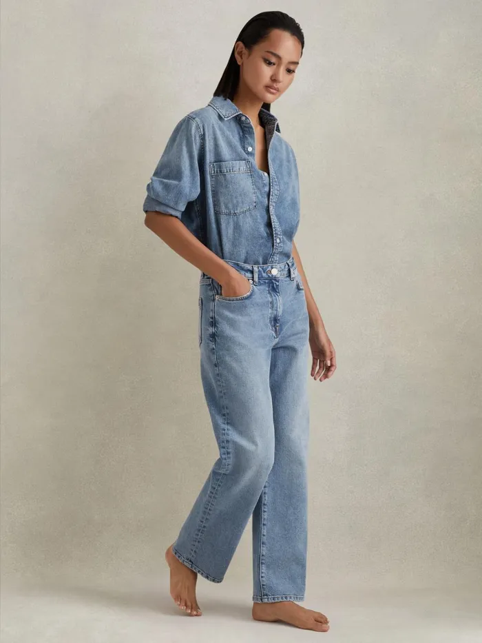 Women Reiss Jeans Selin Mid Rise Straight Leg Jeans Light Blue