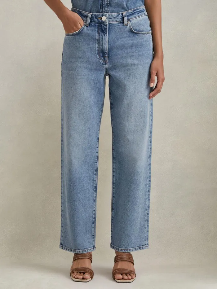 Women Reiss Jeans Selin Mid Rise Straight Leg Jeans Light Blue