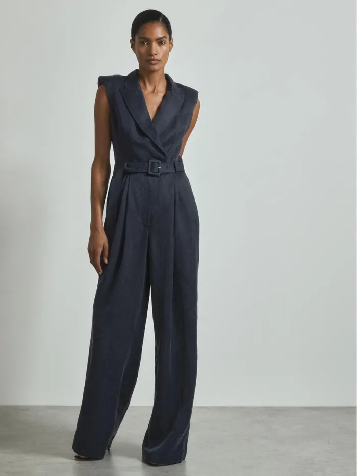 Women Reiss Jumpsuits and Playsuits Cupro Belted Tux Jumpsuit Navy