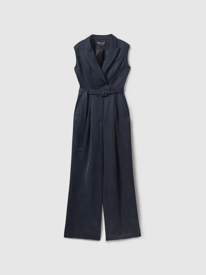 Women Reiss Jumpsuits and Playsuits Cupro Belted Tux Jumpsuit Navy