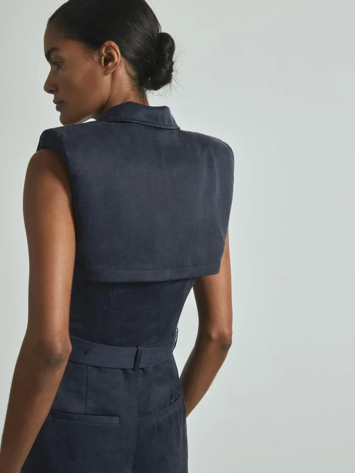 Women Reiss Jumpsuits and Playsuits Cupro Belted Tux Jumpsuit Navy