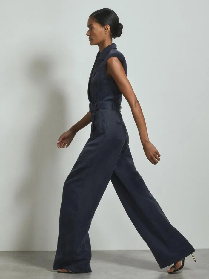 Women Reiss Jumpsuits and Playsuits Cupro Belted Tux Jumpsuit Navy