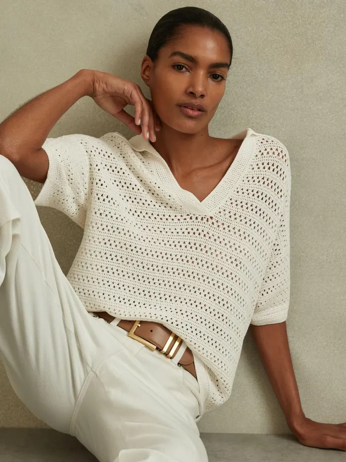 Women Reiss Knitwear Carla Knitted OpenCollar Polo Shirt Ivory
