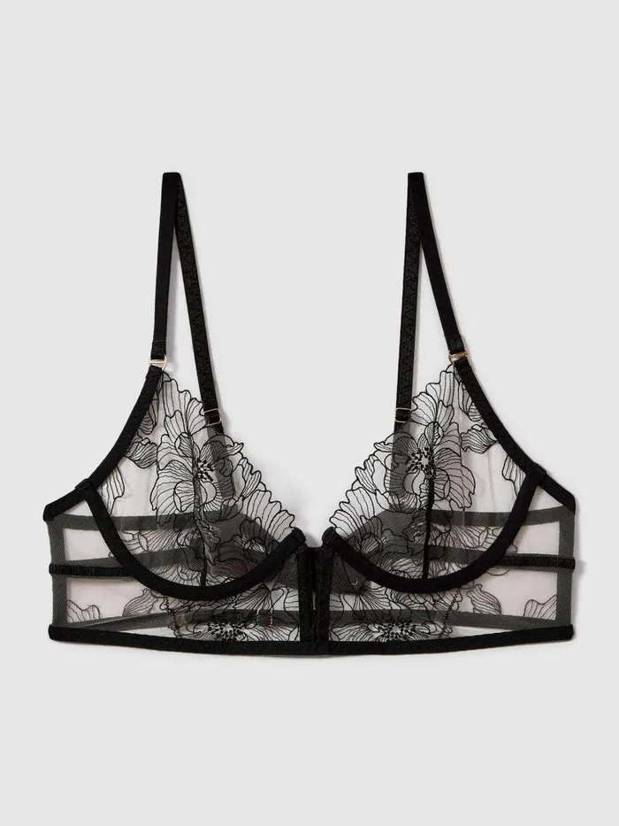 Women Reiss Lingerie Sheer Mesh Embroidered Bra Black