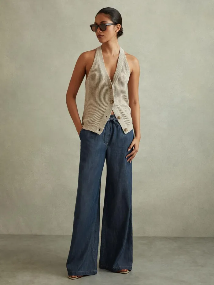 Women Reiss Pants Carter Denim Look Wide Leg Trousers Mid Blue