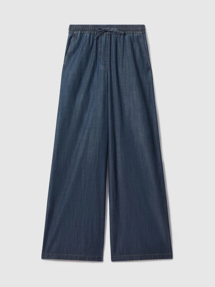Women Reiss Pants Carter Denim Look Wide Leg Trousers Mid Blue