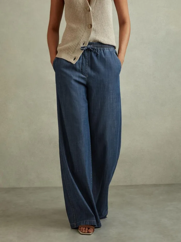 Women Reiss Pants Carter Denim Look Wide Leg Trousers Mid Blue