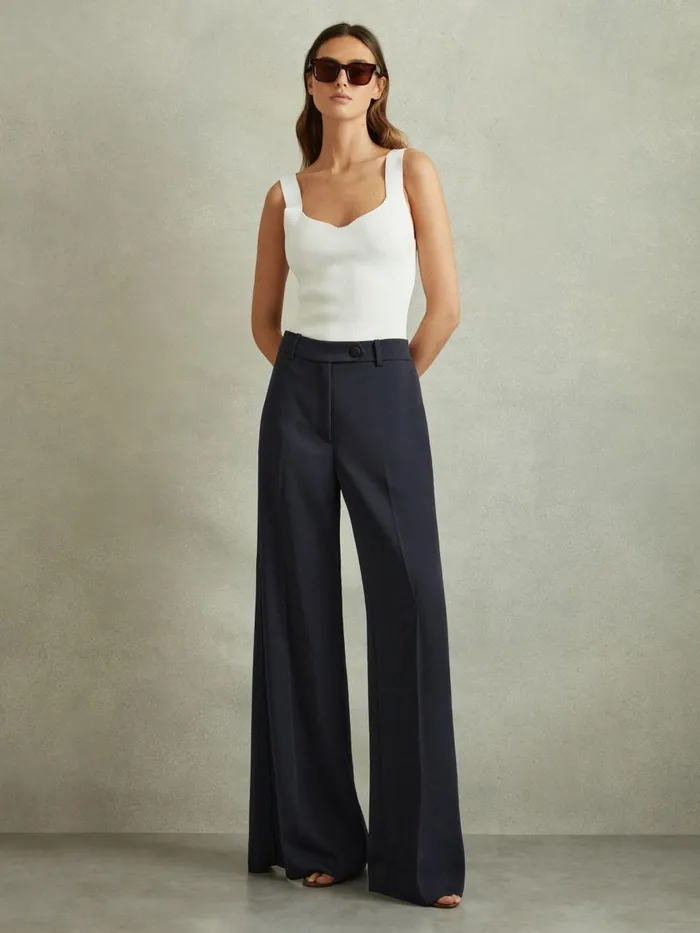 Women Reiss Pants Solene Wide Leg Split Hem Trousers Navy