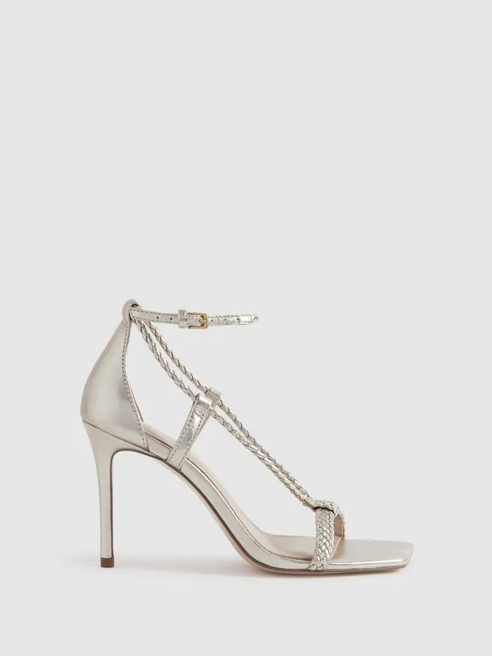 Women Reiss Sandals Paige Leather Plaited Strappy Heeled Sandals Gold
