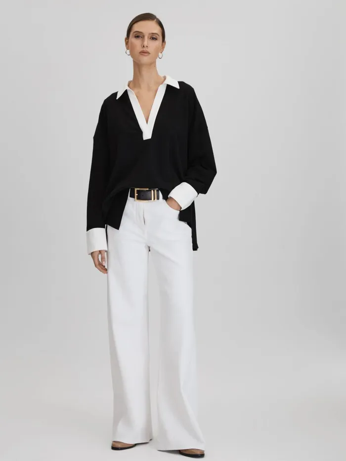 Women Reiss Sweats Hoodies and Joggers Aspen Oversized Cotton Open Collar Jumper Blackwhite