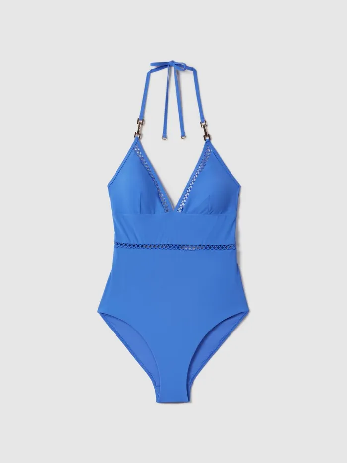 Women Reiss Swimwear Rita Lattice Halter Neck Swimsuit Light Blue