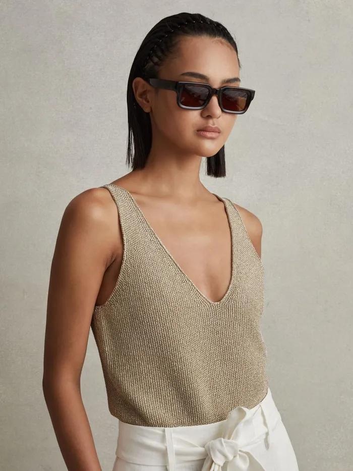 Women Reiss Tops Mika Metallic VNeck Vest Gold