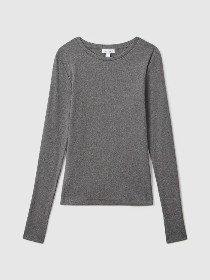 Women Reiss Tops Tora Cotton Blend Crew Neck Top Charcoal Marl