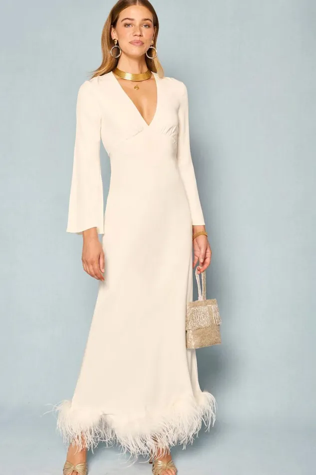 Women RIXO All Bridal Mya Feathered Maxi Dress Ivory Feathers