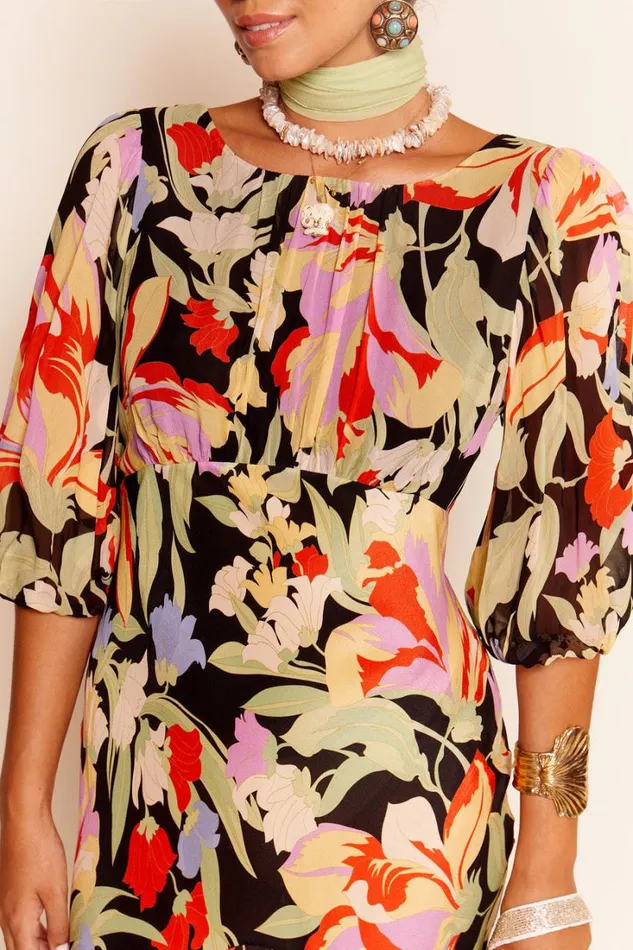 Women RIXO All Clothing Cheryl Silk Midi Dress Cece Floral Black