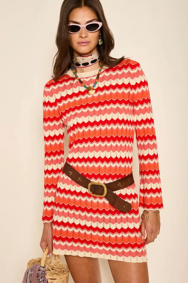 Women RIXO All Clothing Mylene Cotton Mini Dress Retro Chevron Red