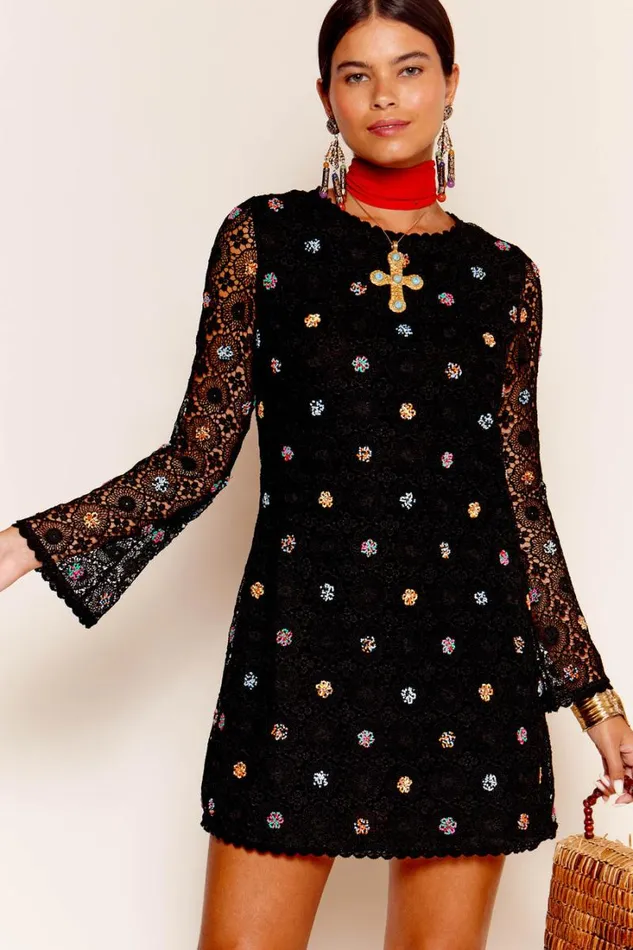 Women RIXO All Clothing Mylene Crochet Mini Dress Sunflower Embellishment Black