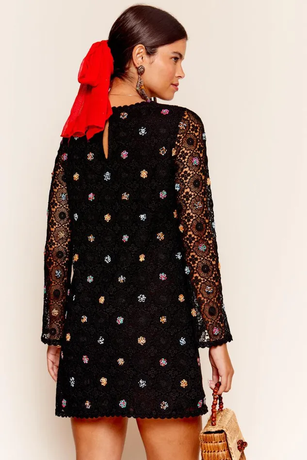 Women RIXO All Clothing Mylene Crochet Mini Dress Sunflower Embellishment Black