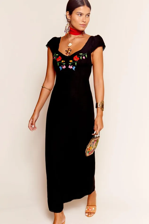 Women RIXO All Clothing Tahlee Midi Dress Bouquet Embroidery Black