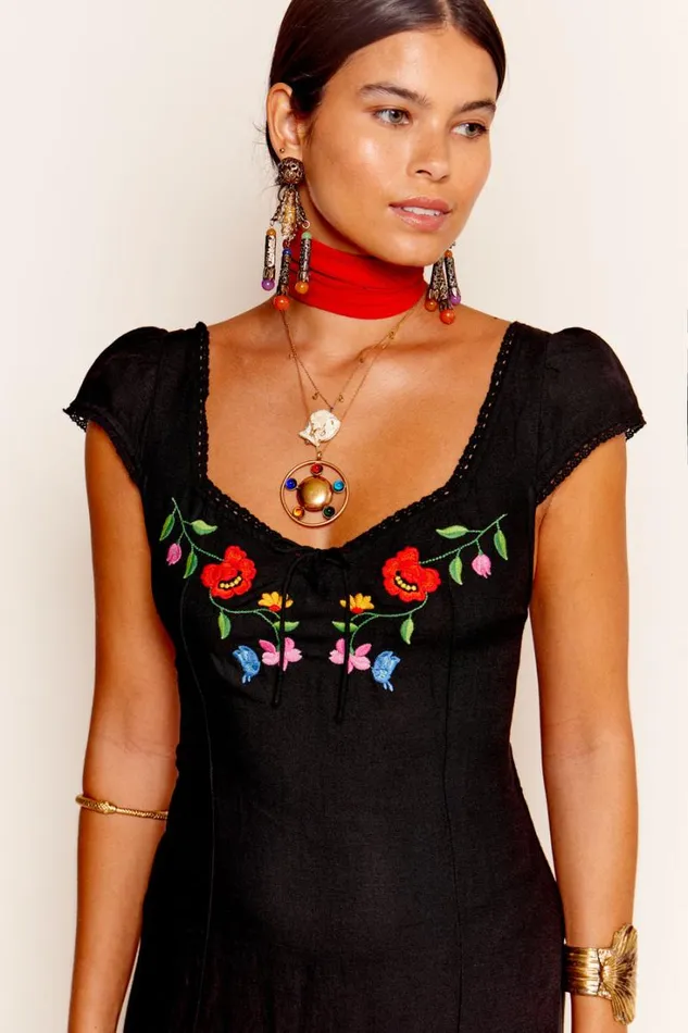 Women RIXO All Clothing Tahlee Midi Dress Bouquet Embroidery Black