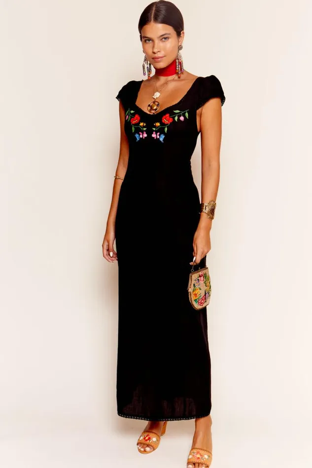 Women RIXO All Clothing Tahlee Midi Dress Bouquet Embroidery Black