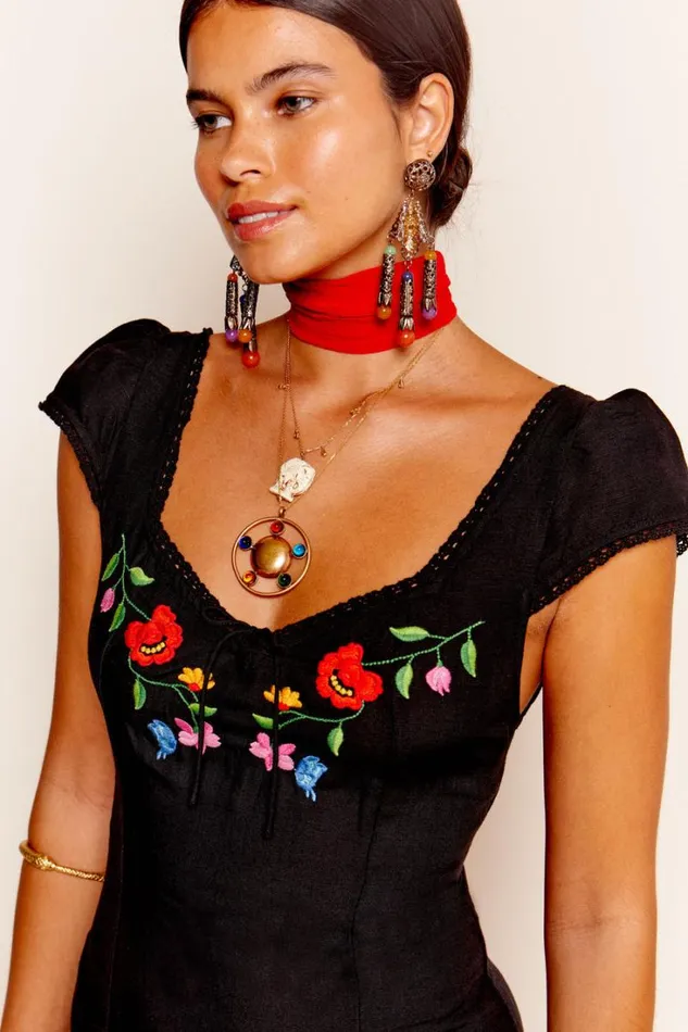 Women RIXO All Clothing Tahlee Midi Dress Bouquet Embroidery Black