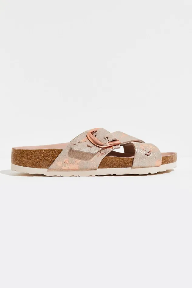 Women Sandals Free People Siena Washed Metallic Big Buckle Birkenstock Sandals Metallic Copper Rose