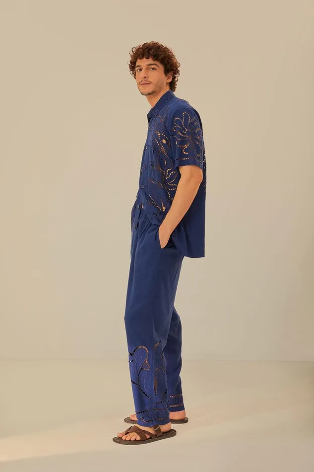 Women Surrealist Richelieu Embroidered Euroflax Premium Linen Pants Blue FARM Rio Pants