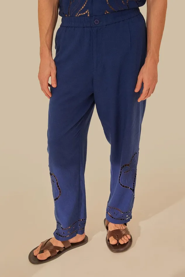 Women Surrealist Richelieu Embroidered Euroflax Premium Linen Pants Blue FARM Rio Pants