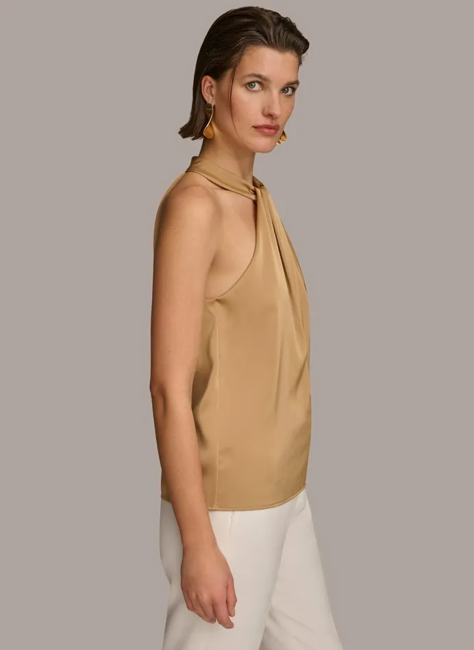 Women Sweaters And Tops Donna Karan TWIST NECK HALTER TOP Fawn