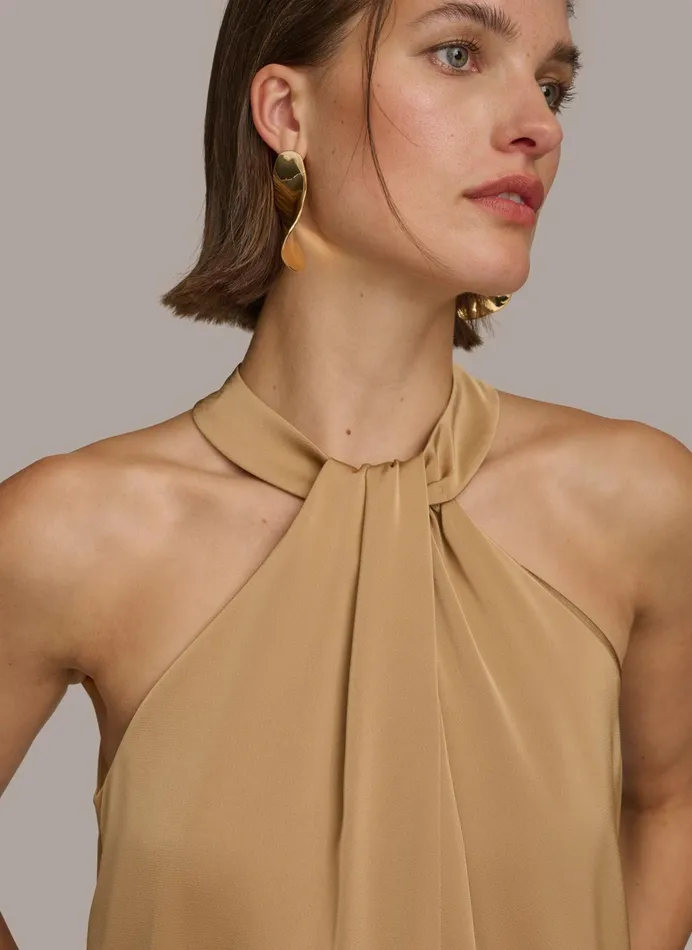 Women Sweaters And Tops Donna Karan TWIST NECK HALTER TOP Fawn