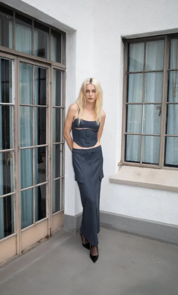 Women Tops Bec Bridge PINE CORSET TOP Charcoal Pinstripe