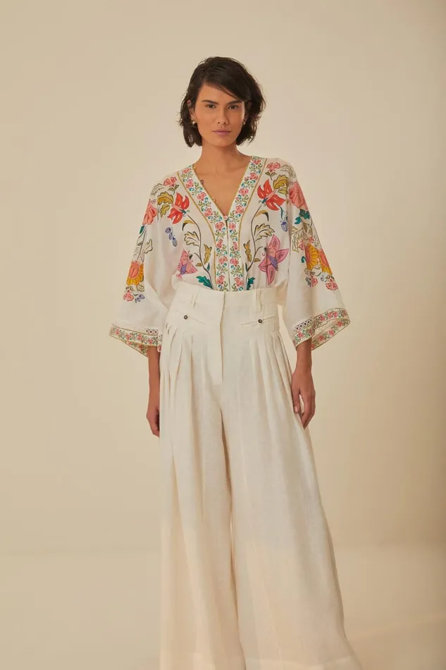 Women White Euroflax Premium Linen Pleated Pants White FARM Rio Pants
