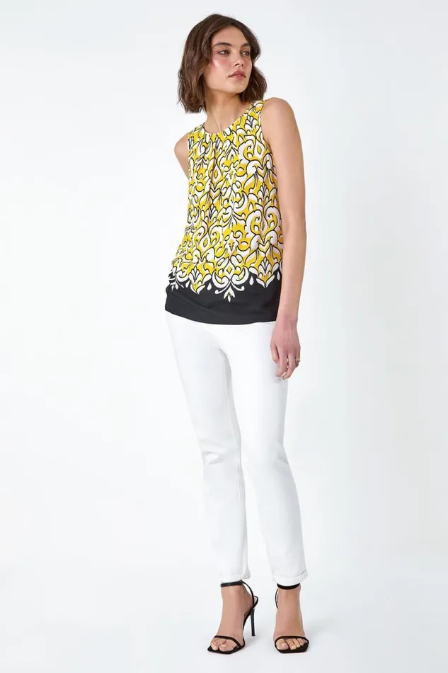 Yellow Baroque Border Print Sleeveless Top Women Roman Tops