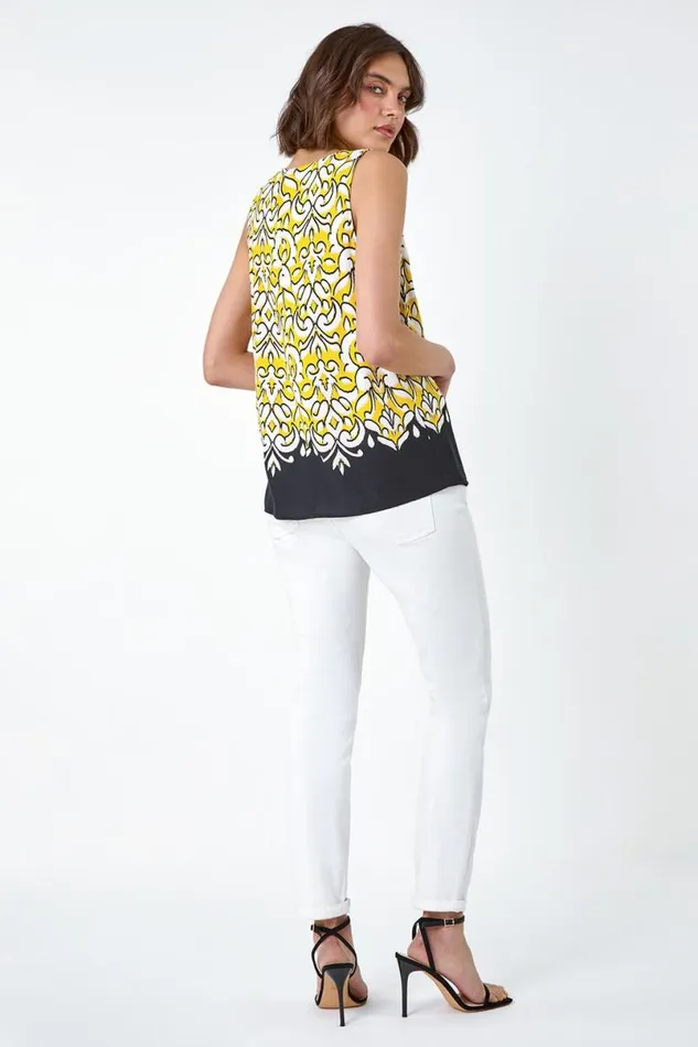 Yellow Baroque Border Print Sleeveless Top Women Roman Tops