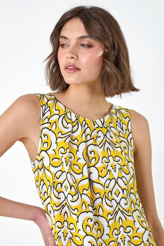 Yellow Baroque Border Print Sleeveless Top Women Roman Tops
