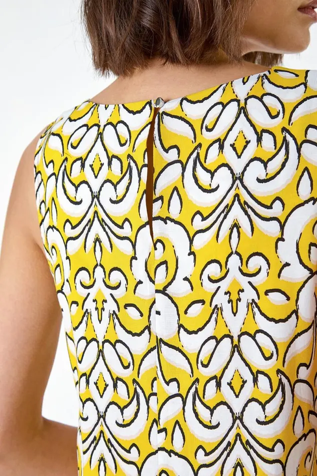 Yellow Baroque Border Print Sleeveless Top Women Roman Tops