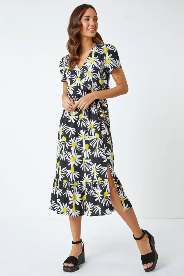 Yellow Daisy Print Blouson Midi Dress Women Roman Dresses