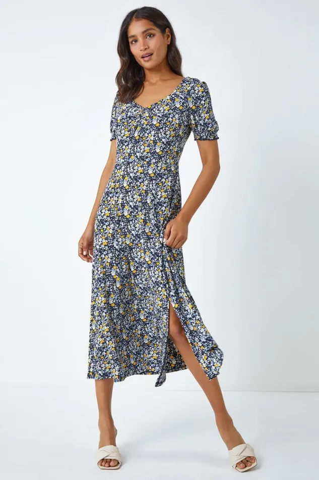 Yellow Ditsy Floral Ruched Maxi Dress Women Roman Dresses