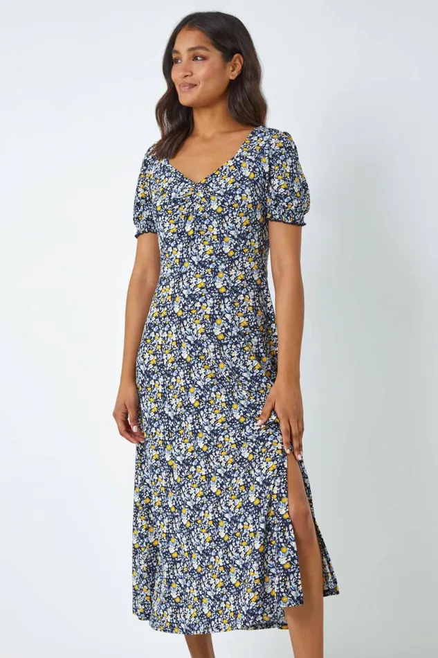Yellow Ditsy Floral Ruched Maxi Dress Women Roman Dresses