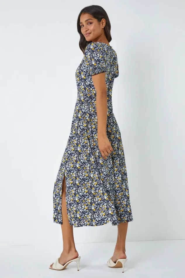 Yellow Ditsy Floral Ruched Maxi Dress Women Roman Dresses