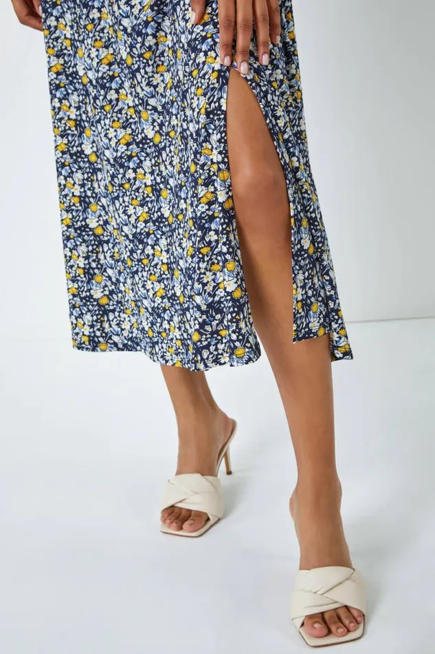 Yellow Ditsy Floral Ruched Maxi Dress Women Roman Dresses