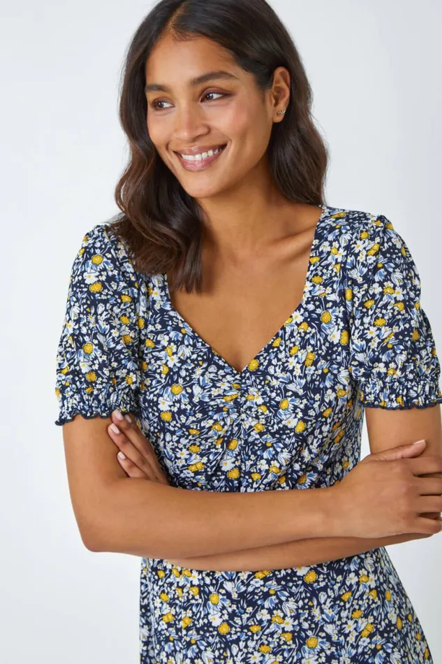 Yellow Ditsy Floral Ruched Maxi Dress Women Roman Dresses